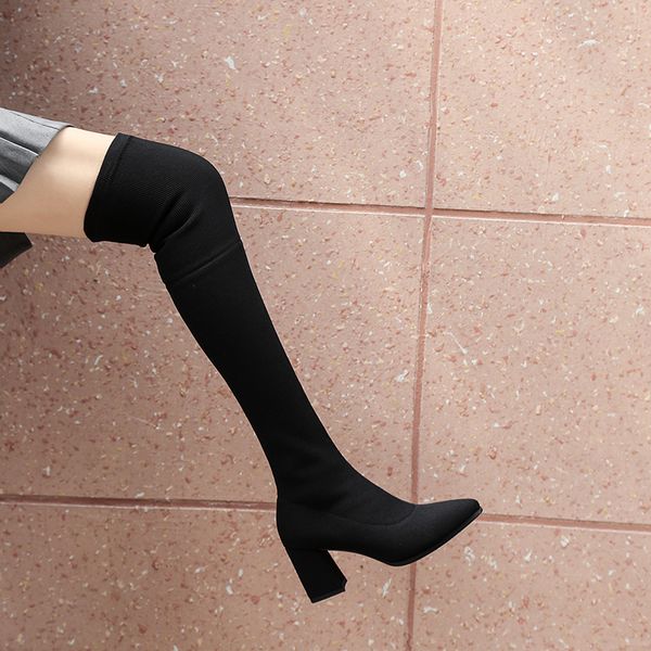 

txcnmb leather square heels over the knee boots women dress wedding shoes woman round toe autumn boots, Black