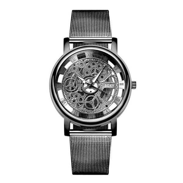 

sell well fashion watch silver golden luxury hollow steel hombre quartz wristwatch clock retro w, Slivery;brown