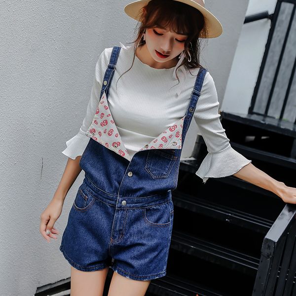 

2018 single breasted blue denim overalls women's jean jumpsuits short pants washed jeans denim casual rompers size s-l, Black;white
