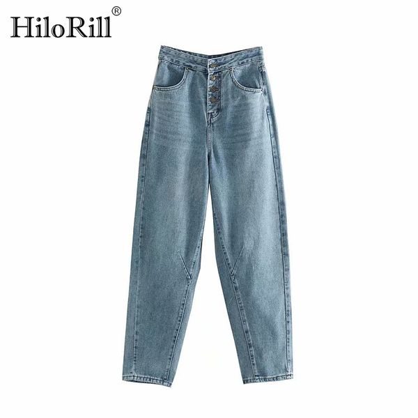 

women fashion high waist mom jeans 2019 streetwear button long denim harem pants stylish pockets ladies jeans trousers, Blue