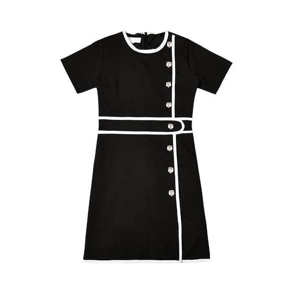 

the latest design of women's short sleeve button milan runway women's dress, fashion temperament highlights postage, Black;pink