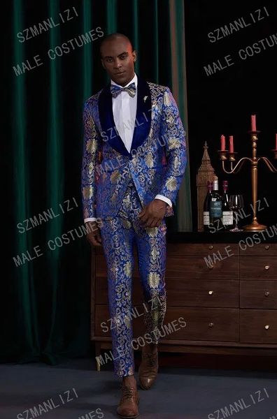 

2020 royal blue jacquard velvet lapel slim fit formal men suits with pants groomsmen custom made groom wedding tuxedos suits, White;black