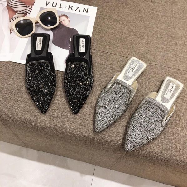

luxury flats mules women crystal pointed toe slippers fashion glitter bling flat slides ladies slip on loafers zapatos mujer, Black