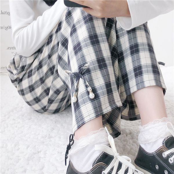 

autumn women new japanese teen girls high waist straight pants sweet student vintag plaid elastic waist casual pants mori girl, Black;white