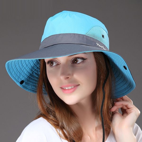 

lady new sun hat wide brim women outdoor summer foldable fisherman hat girls riding driving windproof sun cap b-7967, Blue;gray