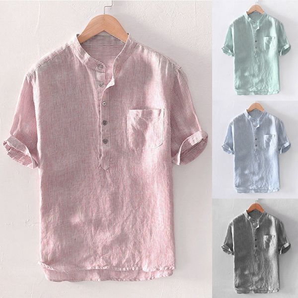 

men's baggy stripe cotton linen short sleeve button pocket button down shirts blouse leisure streetwear camicia da uomo#2, White;black