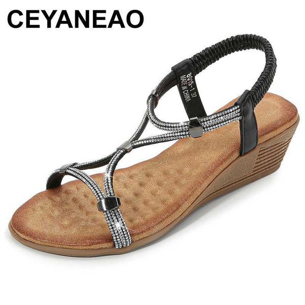 

ceyaneao new bohemian style casual high heel casual fashion wedge shoes with rhinestone women sandals wedge heel sandals, Black