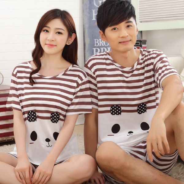 

korean-style new style case couples pajamas spring and autumn summer short-sleeved set tracksuit fashion nightgown cartoon crew, Black;red