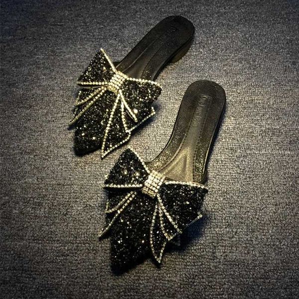 

women's sandals 2019 summer rhinestone slippers female footwear pointed slippers half bow flat shoes for girls, Black