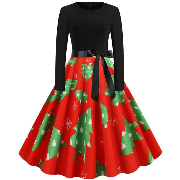 

vintage dress women long sleeve print christmas dress winter elegant swing party dresses robe femme casual vestidos#g1, Black;gray