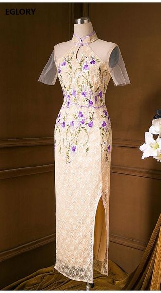 

brand chinese qipao dress 2020 summer vintage party women tulle mesh patchwork allover embroidery long dress, Black;gray