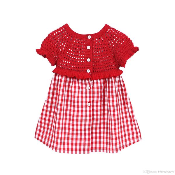 

girl button hollow plaid dress children's princess skirt designed specifically for cute little fly plaid flower decoration, Red;yellow