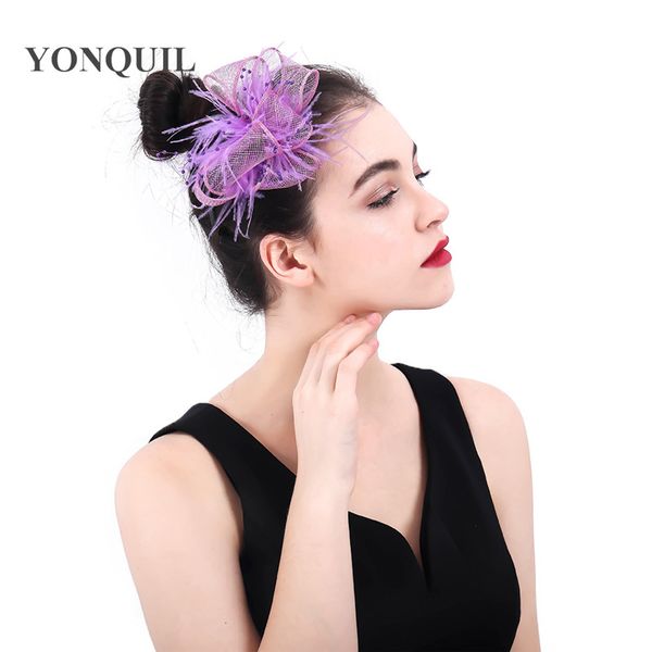 

elegant gril small designer fascinator with handmade sinamay rosette decorative hair clip lavender feather bridal corsage syf380