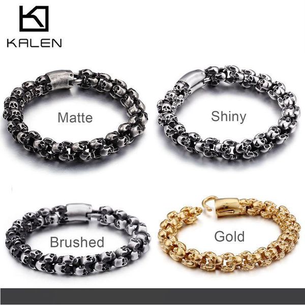 

punk 22.5cm long skull bracelets for men stainless steel shiny skull charm link chain brecelets male gothic jewelry 2019, Golden;silver