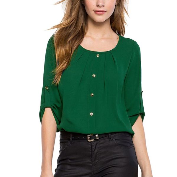 

summer autumn chiffon blouse women korean loose button o neck casual solid, White