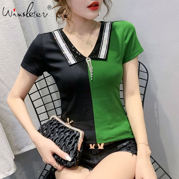 

summer korean clothes t-shirt fashion contrast color diamonds women ropa mujer all match bottoming shirt tees 2020 t06507, White