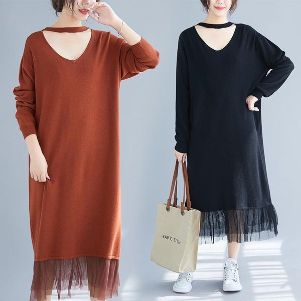 

4xl 5xl winter large size long sleeve sweater dress women loose elegant lace knitted dress casual plus size long vintage dresses, Black;gray