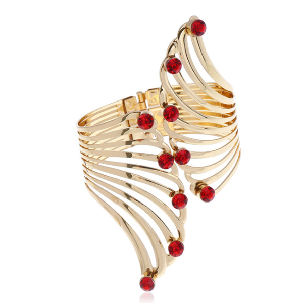 

bangle light yellow gold color alloy hollow feather with red and blue rhinestone fashion jewelry, Black