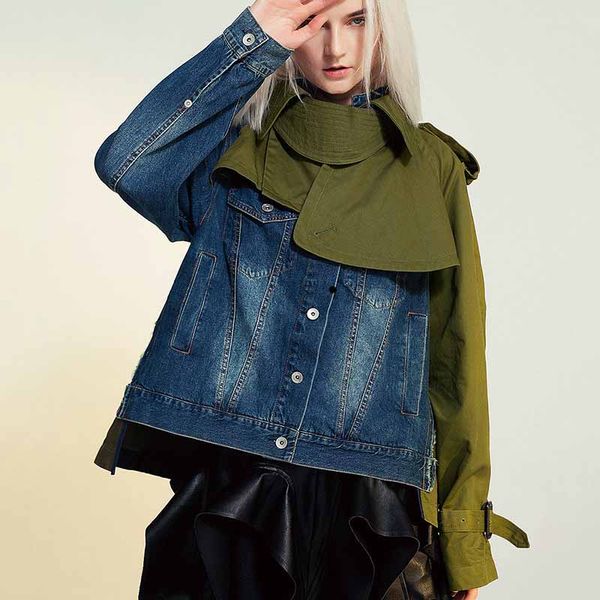 

yalee] new fashion 2019 autumn contrast color long sleeve single breasted loose stitching denim coat windbreaker women n294, Tan;black