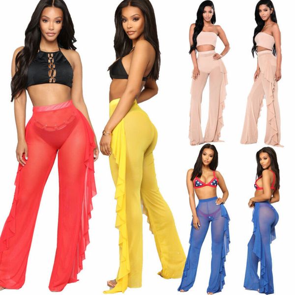 

2019 новые плюс размер женщины mesh sheer cover up бикини длинные брюки пляжа купальники sexy оборками sheer wide штанину 4 цвета, Blue;gray