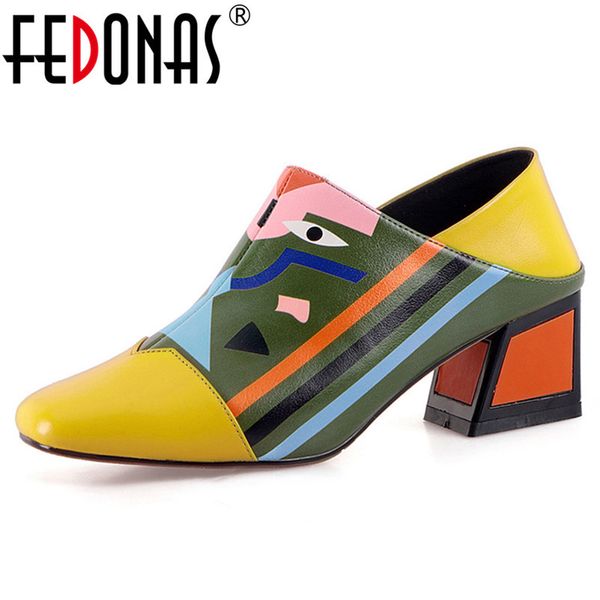 

fedonas 2019 fashion prints women synthetic leather high heels party wedding shoes woman square toe spring summer basic pumps t200111, Black