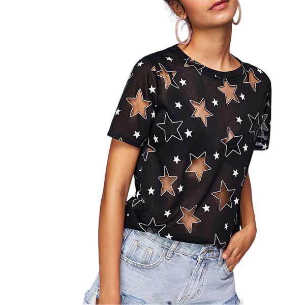 

hollow stars t shirt for women black white o neck loose t-shirts streetwear tees female clothing