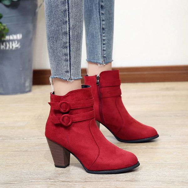 

female mid-calf boots heel belt buckle zipper black red beige height increase high heel women motorcycle boots 2020