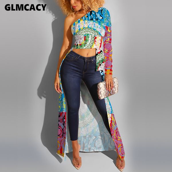 

women plus size printed one shoulder long sleeve blouse retro vintage style night out club party shirt blusas femininas, White