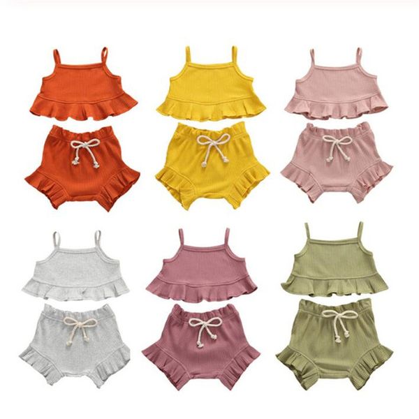 

dropshipping baby girls lace solid color suspender flouncing shorts set toddlers summer sleeveless sweet short trousers, White
