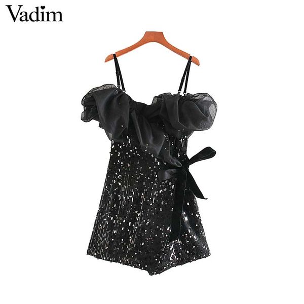 

vadim sequined mini dress mesh patchwork bow tie sashes adjustable straps off shoulder party club wrap dresses qd186, Black;gray