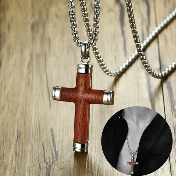 

noble mens cross pendant necklace in rosewood and stainless steel crucifix male spiritual jewelry christian gifts 24 inch, Silver