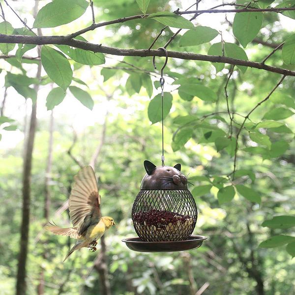 

bird feeder metal cat shaped wild bird food bowl balcony 360 degrees feeding for garden hanging or house outdoor hanging decoration to bird