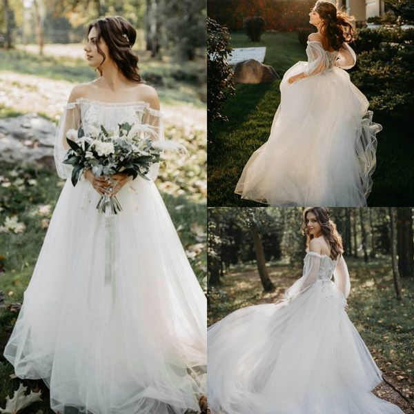 

bohemia wedding dresses off shoulder long sleeves lace appliques bridal gowns custom made backless sweep train a-line wedding dress, White