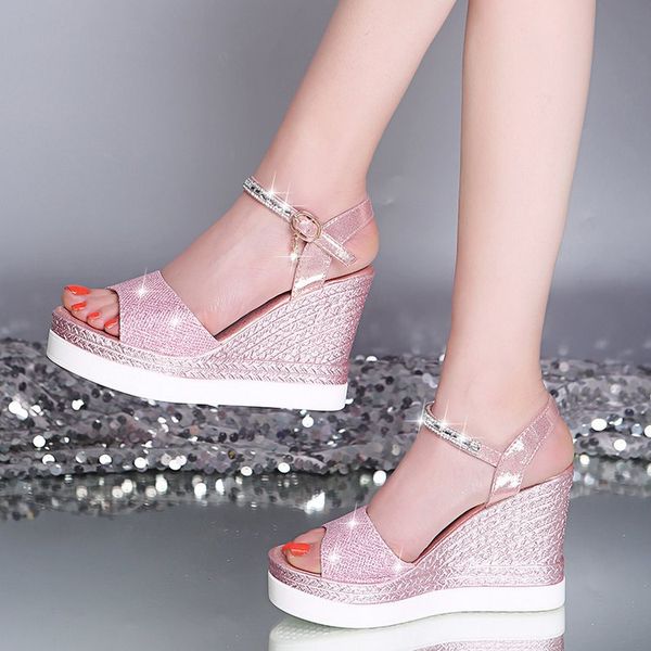 

all-match fashion womens shoes 2020 beige heeled sandals wedge summer heels espadrilles platform luxury women's comfort, Black