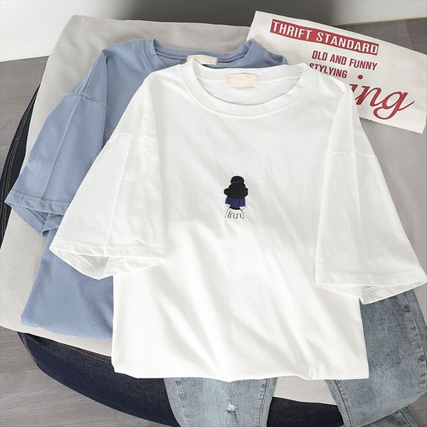 

white cotton short sleeve t-shirt women's 2020 simple ins t-shirt embroidery embroidery loose half sleeve fashion
