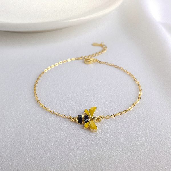 

honey bee chain link women bracelet genuine 100% 925 sterling silver honeycomb charm bracelets golden cute bee beads jewelry, Golden;silver