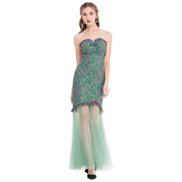 

angel-fashions women's strapless lace floral splicing illusion tulle maxi mermaid evening dress elegant light green 435, White;black
