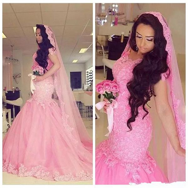 

pink lace mermaid wedding dresses summer cap sleeves bridal gowns custom made sweep train african wedding vestidos a52, White