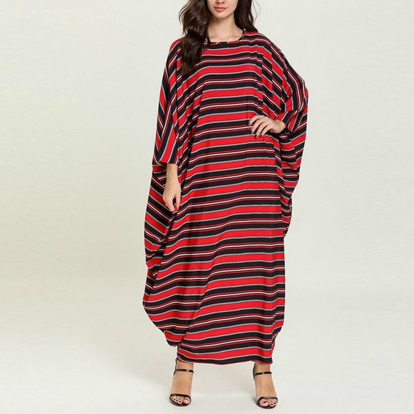 

ewq] 2020 spring summer new arrivals o-neck batwing full sleeve striped patchwork pattern women fashion casual dress aw70803, Black;gray