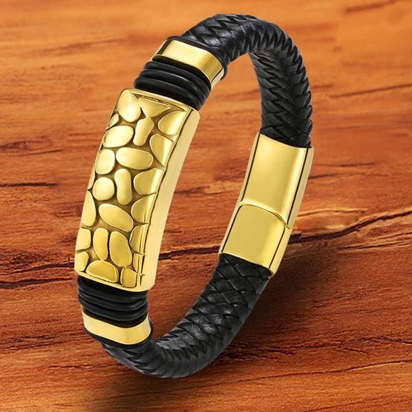 

stainless steel gold magnetic charm black jewelry men's bracelet genuine leather wholesale accessories new rope woven, Golden;silver