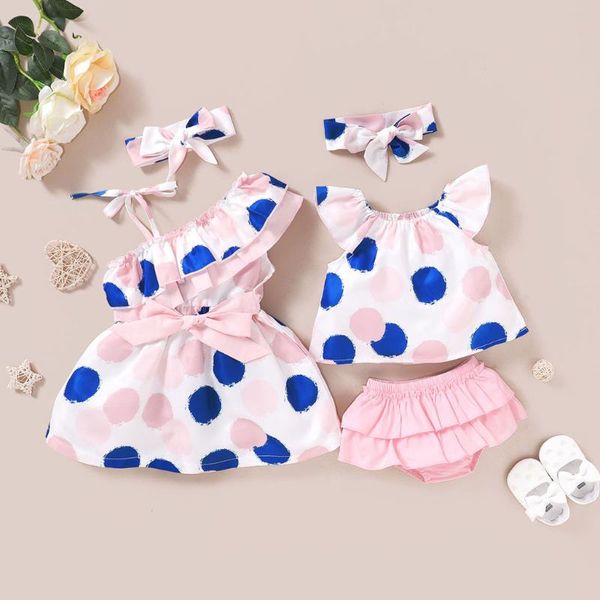 

2020 infant baby rompers clothes sets sister girls clothing summer dot print sleeveless + ruched shorts outfits set, White