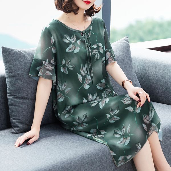 

summer silk like dress women 2019 print midi floral dress elegant big size ladies dresses casual vintage clothes vestido mujer, Black;gray