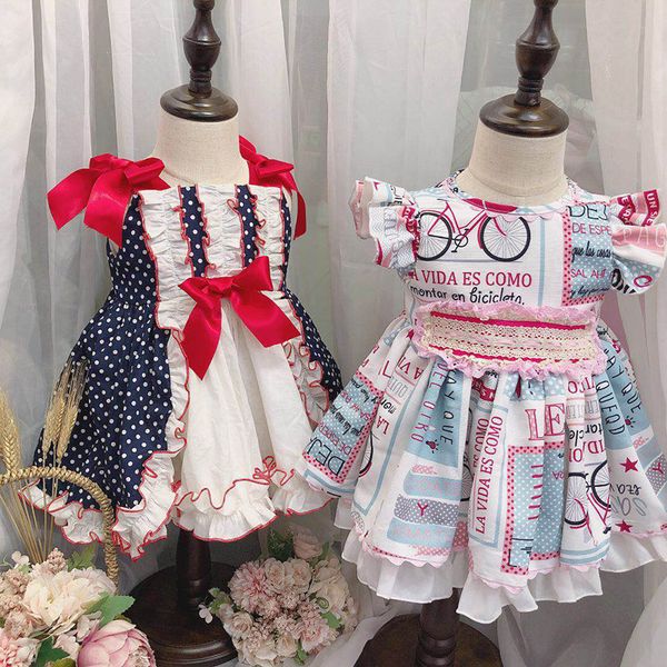 

baby girl designer clothing dress Spain Style boutique Flying Sleeveless Polka Dots Bow Design girl dress summer girl clothes dress
