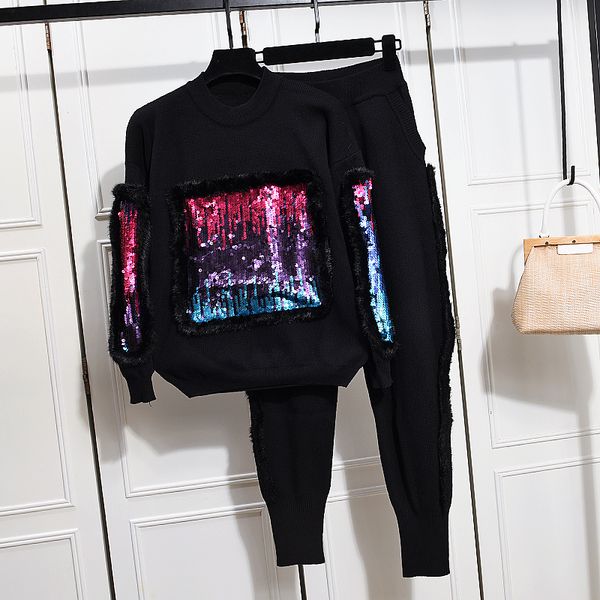 

women's tracksuits autumn winter 2 piece set women sequined knitted fur sweater + pants two, Gray
