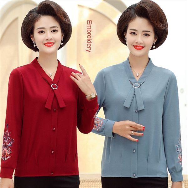 

autumn middle aged women's embroidered long-sleeved t- women's middle-aged mom put base foreign flavor shirt t-shirt shirt, White