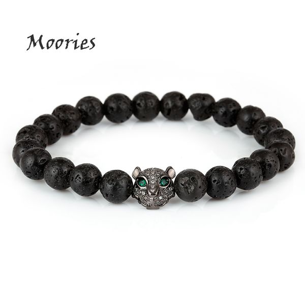 

moories lava stone beads bracelet leopard copper bead with zircon men elasticity bracelets mens punk boho bracelets for man 2018, Black