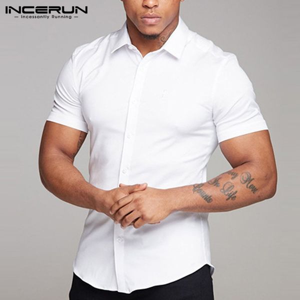 

incerun 2019 casual men shirt short sleeve solid summer breathable fashion men business shirt muscle slim fit chemise s-5xl, White;black