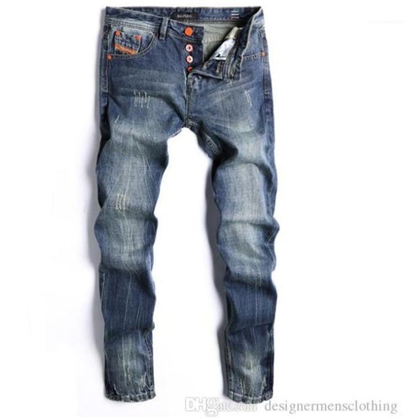 

jeans dark blue distrressed regular men jeans fashion button fly straight designer pants teenager casual luxury