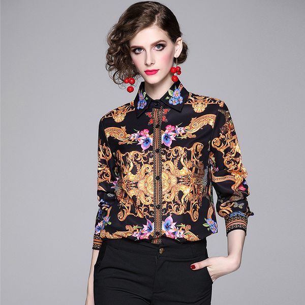 

fashion designer totem floral shirt long sleeve ladies work office tunic bottoming brand blouse slim clothing, White