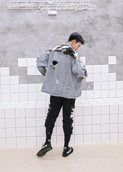 

black distressed denim jacket print hat loose men's washed denim jacket 2020 sa-8, Black;brown